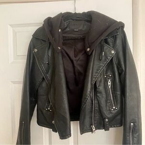 Blanknyc cropped leather moto jacket with hood.